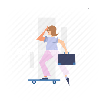 girl, skateboard, skating, briefcase, suitcase